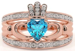 Diamond Topaz Rose Gold Silver Claddagh Ring