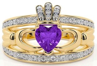 Diamond Amethyst Gold Silver Claddagh Ring