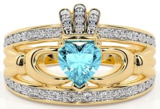 Diamond Aquamarine Gold Silver Claddagh Ring