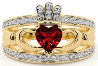 Diamond Garnet Gold Silver Claddagh Ring