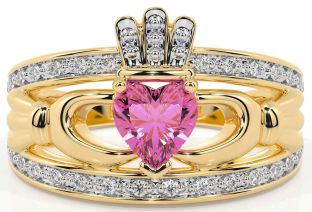 Diamond Pink Tourmaline Gold Silver Claddagh Ring