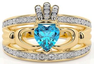 Diamond Topaz Gold Silver Claddagh Ring