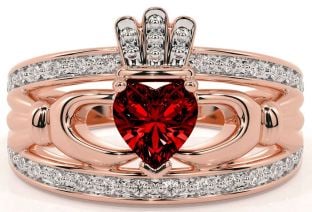 Diamond Garnet Rose Gold Claddagh Ring