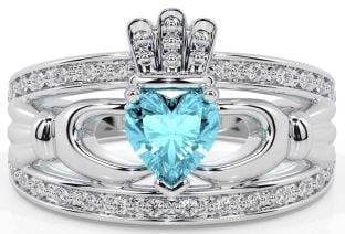 Diamond Aquamarine Silver Claddagh Ring