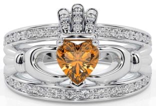 Diamond Citrine Silver Claddagh Ring