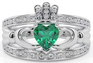 Diamond Emerald Silver Claddagh Ring