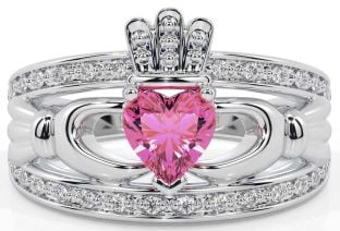 Diamond Pink Tourmaline Silver Claddagh Ring