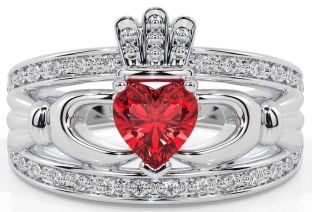 Diamond Ruby Silver Claddagh Ring