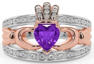 Diamond Amethyst Rose Gold Silver Claddagh Ring