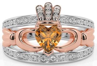 Diamond Citrine Rose Gold Silver Claddagh Ring