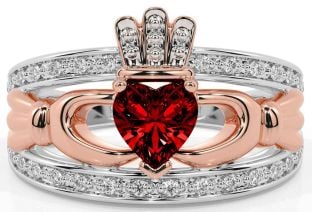 Diamond Garnet Rose Gold Silver Claddagh Ring