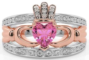 Diamond Pink Tourmaline Rose Gold Silver Claddagh Ring