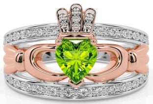 Diamond Peridot Rose Gold Silver Claddagh Ring