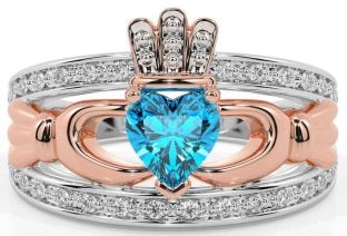 Diamond Topaz Rose Gold Silver Claddagh Ring