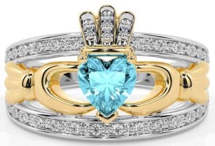 Diamond Aquamarine Gold Silver Claddagh Ring