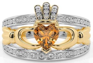 Diamond Citrine Gold Silver Claddagh Ring