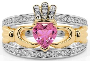 Diamond Pink Tourmaline Gold Silver Claddagh Ring