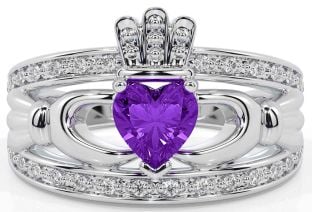 Diamond Amethyst White Gold Claddagh Ring