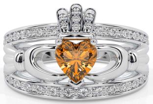 Diamond Citrine White Gold Claddagh Ring