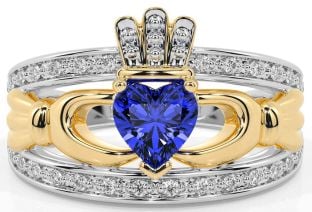 Diamond Sapphire White Yellow Gold Claddagh Ring