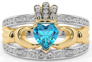 Diamond Topaz White Yellow Gold Claddagh Ring