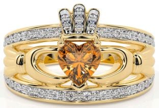 Diamond Citrine Gold Claddagh Ring