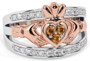 Diamond Citrine Rose Gold Silver Claddagh Ring