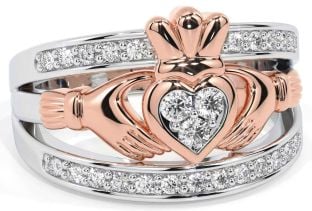 Diamond Rose Gold Silver Claddagh Ring