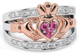 Diamond Pink Tourmaline Rose Gold Silver Claddagh Ring