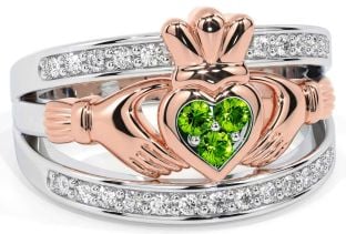 Diamond Peridot Rose Gold Silver Claddagh Ring