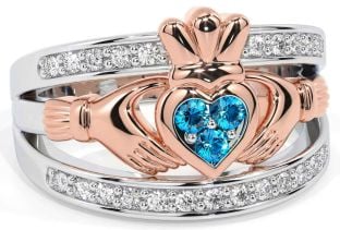 Diamond Topaz Rose Gold Silver Claddagh Ring