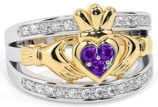 Diamond Amethyst Gold Silver Claddagh Ring