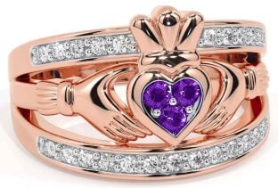 Diamond Amethyst Rose Gold Silver Claddagh Ring