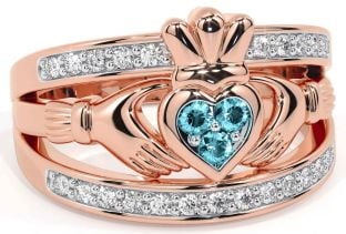 Diamond Aquamarine Rose Gold Silver Claddagh Ring