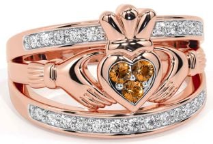 Diamond Citrine Rose Gold Silver Claddagh Ring