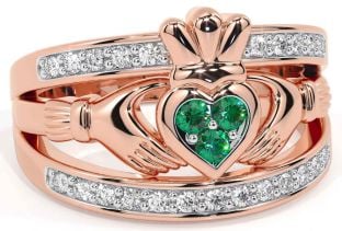 Diamond Emerald Rose Gold Silver Claddagh Ring