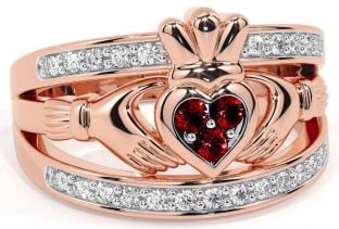 Diamond Garnet Rose Gold Silver Claddagh Ring