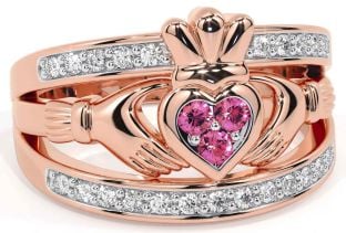 Diamond Pink Tourmaline Rose Gold Silver Claddagh Ring