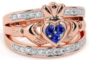 Diamond Sapphire Rose Gold Silver Claddagh Ring