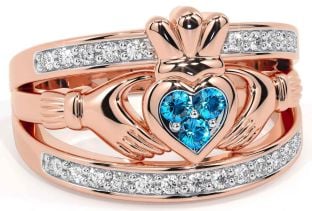 Diamond Topaz Rose Gold Silver Claddagh Ring