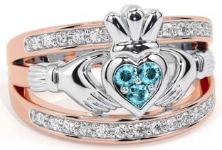 Diamond Aquamarine Rose Gold Silver Claddagh Ring