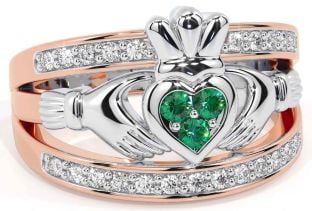 Diamond Emerald Rose Gold Silver Claddagh Ring