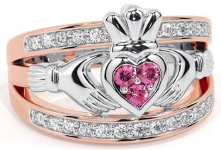 Diamond Pink Tourmaline Rose Gold Silver Claddagh Ring