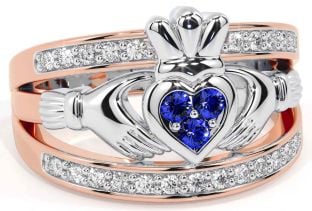 Diamond Sapphire Rose Gold Silver Claddagh Ring