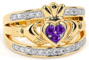 Diamond Amethyst Gold Silver Claddagh Ring