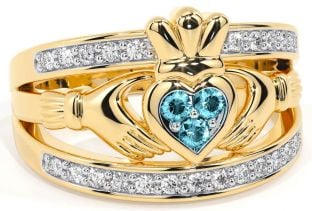 Diamond Aquamarine Gold Silver Claddagh Ring