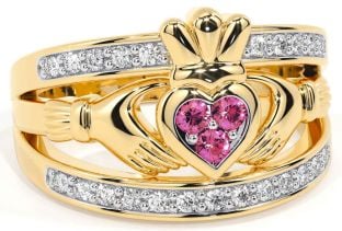 Diamond Pink Tourmaline Gold Silver Claddagh Ring