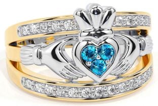 Diamond Topaz Gold Silver Claddagh Ring