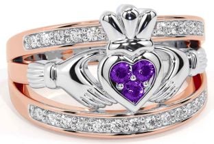 Diamond Amethyst White Rose Gold Claddagh Ring