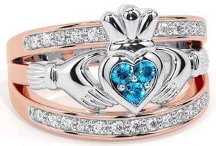 Diamond Topaz White Rose Gold Claddagh Ring